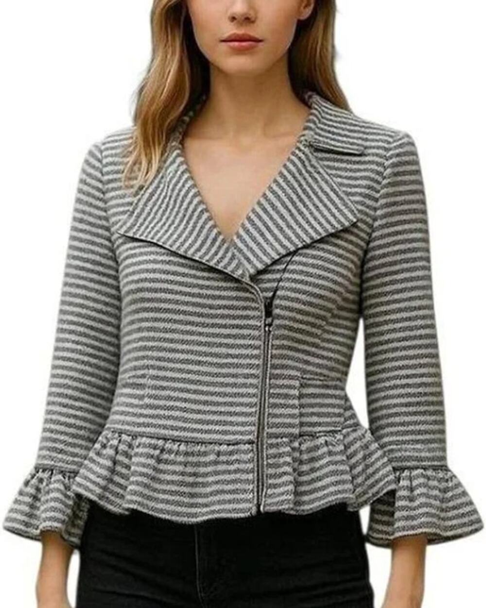 Banana Republic Full Asymmetrical Zip Blue Striped Tweed Ruffle Peplum Jacket 4